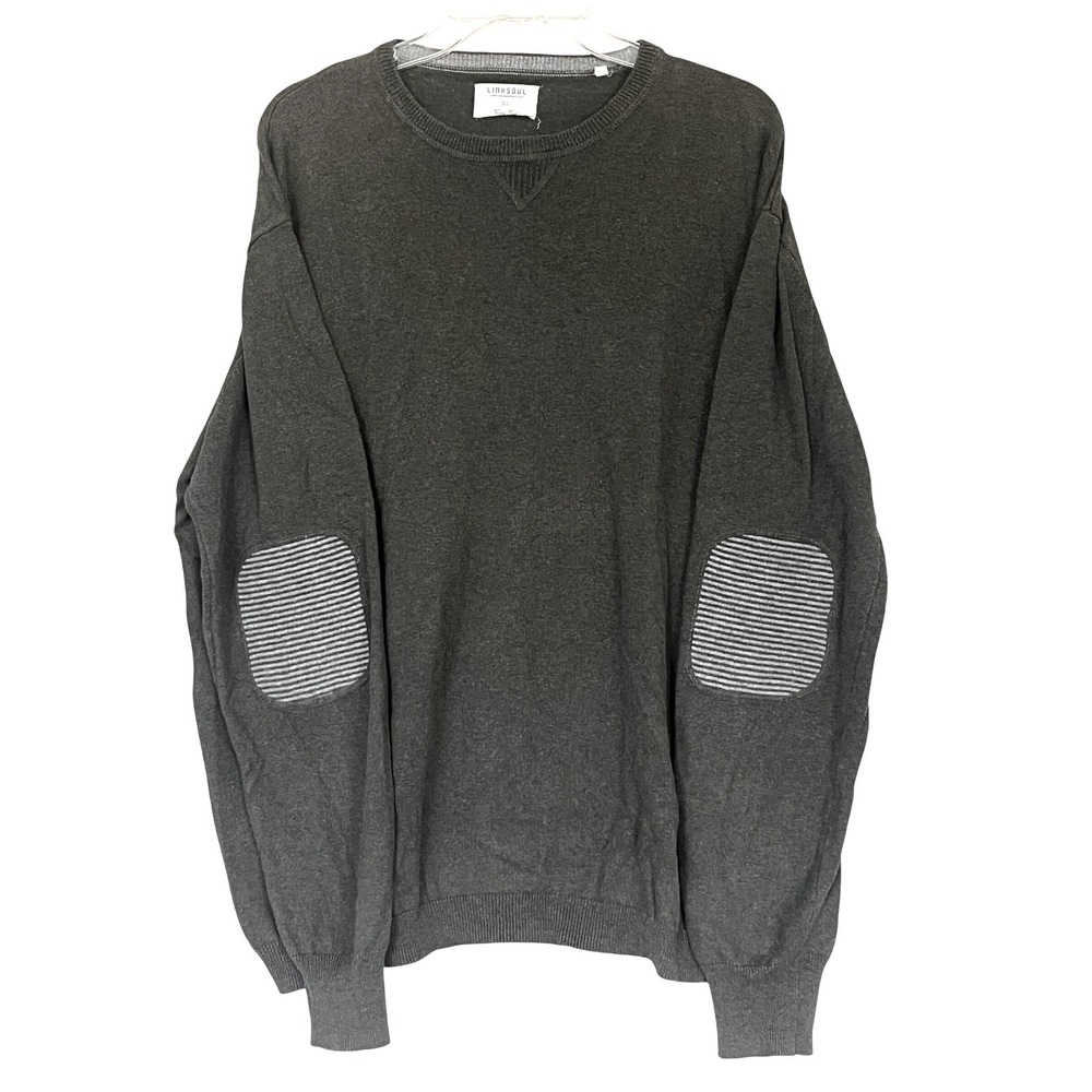 Linksoul Mens XL Cotton Cashmere Crewneck Sweater Green Striped Elbow Patches